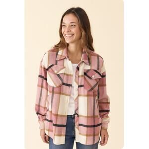 Womens Pink Lapel Plaid Wool Blend Coat Shirt Jacket Shacket XXL M Barn Flannel